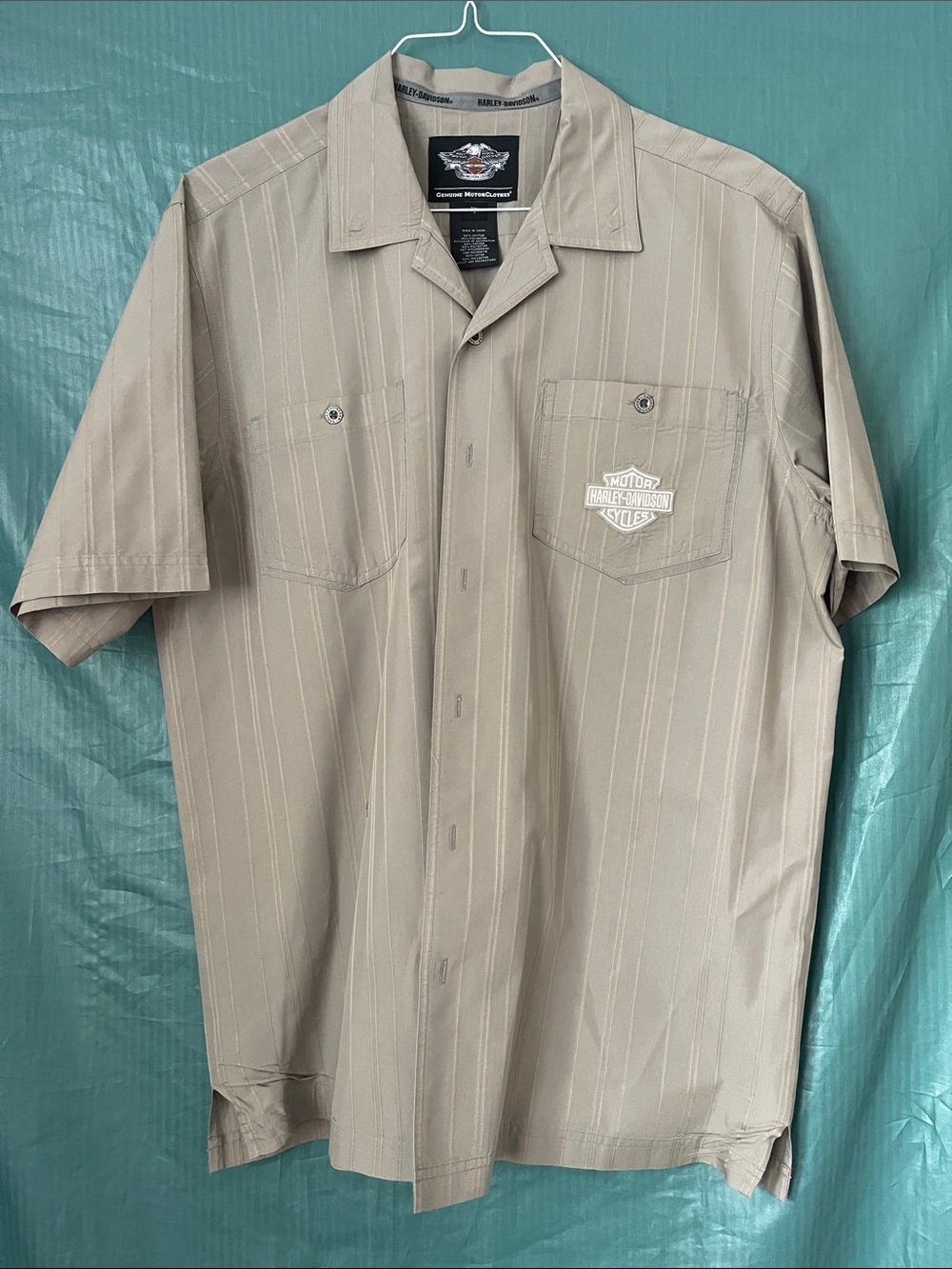 Harley-Davidson Men's Short-Sleeve Button-Up Shirt - Taupe/grey with Pinstripes